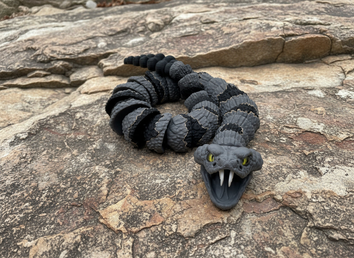 Banded Rock Rattlesnake With working Rattle and Opening mouth with pull out fangs