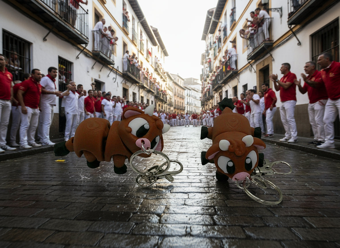 Two brown cow-shaped keychains on a white background